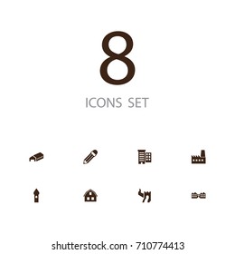 Set Of 8 Structure Icons Set.Collection Of Belfry, Pencil, Fabric And Other Elements.