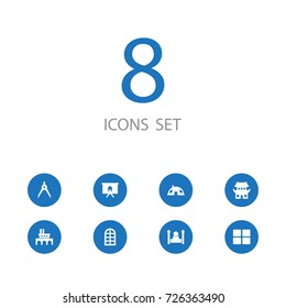 Set Of 8 Structure Icons Set.Collection Of Factory, Casement, Geometry And Other Elements.
