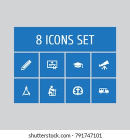Set Of 8 Studies Icons Set.Collection Of Marrow, Academic Hat, Magnet Navigator And Other Elements.
