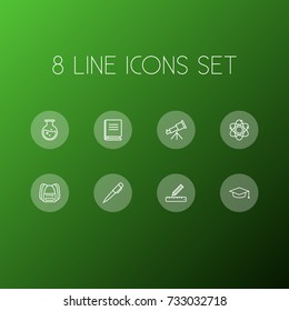 Set Of 8 Studies Outline Icons Set.Collection Of Ruler, Graduation Cap, Encyclopedia And Other Elements.