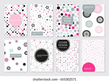 Set of 8 stylish cover templates with pink and black on a white background. Vector backgrounds for book, report or brochure.