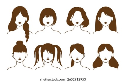 Conjunto de 8 penteados femininos elegantes em estilo de silhueta vetor plana. Perfeito para projetos de design de beleza, salão, moda ou avatar. Isolado no fundo branco.