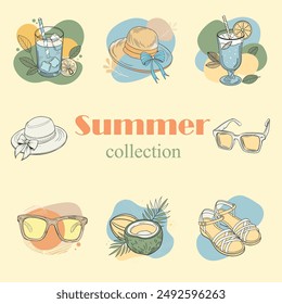 Set of 8 summer colorful illustrations in boho style, sunglasses, hat with bow, cocktails with ice and straw, citrus, coconut, sandals