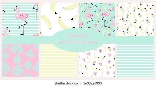 Set of 8 summer patterns with flamingos and fruit. Vector illustration for printing on fabric, packaging paper, postcard, Wallpaper. Cute children's background.