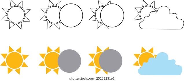  Conjunto de 8 diseños de sol, luna y nube, disponibles en colores vibrantes y contornos. Perfectas para libros infantiles, decoración infantil y arte digital, estas ilustraciones caprichosas añaden un toque lúdico.