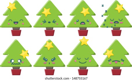 Set of 8 super cute Kawaii style Christmas Trees with different expressions. Vector Version.