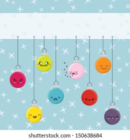 Set of 8 super cute Kawaii style Christmas baubles with different expressions hanging from a banner with space for your text. This vector file is EPS10 and uses transparencies. 