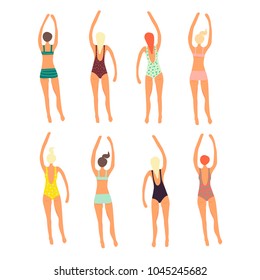 Set of 8 swimming women. Retro style. Vector illustration.