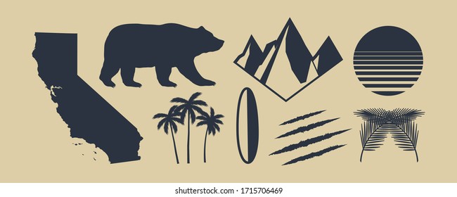 Set of 8 symbols of California. California map, palm trees, mountains. Bear and Scratch claws. California retro sun. Vintage elements for design logo, poster, print for t-shirt. Vector illustration