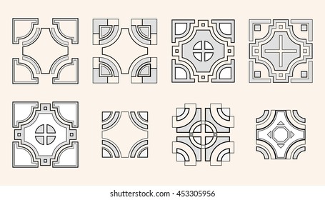 Set of 8 symmetric geometric tile shapes. Shapes made using line, rectangles and circles. Abstract symbols. Vector elements.