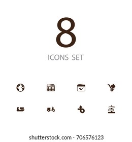 Set Of 8 Systematization Icons Set.Collection Of Trip, Trolley, On Schedule And Other Elements.