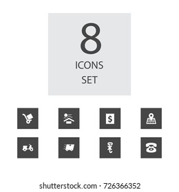 Set Of 8 Systematization Icons Set.Collection Of Sunshine, Dollar, Trolley And Other Elements.