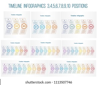 Set 8 templates, Colorful Timelines arrows Infographics for business conceptual cyclic processes on  3, 4, 5, 6, 7, 8, 9, 10 positions possible to use for work flow, banner, diagram, web design