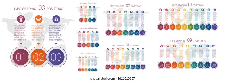 Set 8 templates. Modern colorful diagram. Infographics. Vector templates 3 4 5 6 7 8 9 10 positions against the background of the world map. 