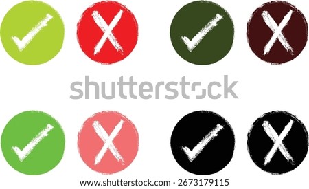 Set of 8 tick and cross icons in light green, red, dark shades, and black colours. Perfect for approval and rejection symbols.