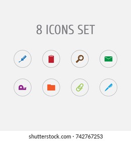 Set Of 8 Tools Icons Set. Collection Of Zoom Glasses, Ink, tape And Other Elements.