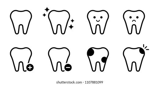 Set of 8 tooth teeth icons. Dental care, prevention check up, stomatology services, smiling tooth, vector line icon set, linear design.