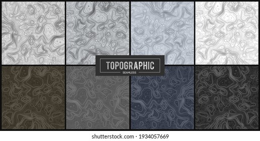 Set von 8 topographischen Kartenkontur-Hintergründen. Topo-Karte mit Höhenlage. Contour Map Vektor. Geographische Welttopographie Karte Gitter abstrakte Vektorgrafik .