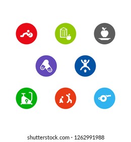 Set of 8 training icons set. Collection of exercise bike, burpees, activity and other elements.