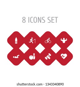 Set of 8 training icons set. Collection of v crunch, water bottle, workout and other elements.