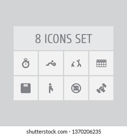 Set of 8 training icons set. Collection of hamburger forbidden, scales, stopwatch and other elements.