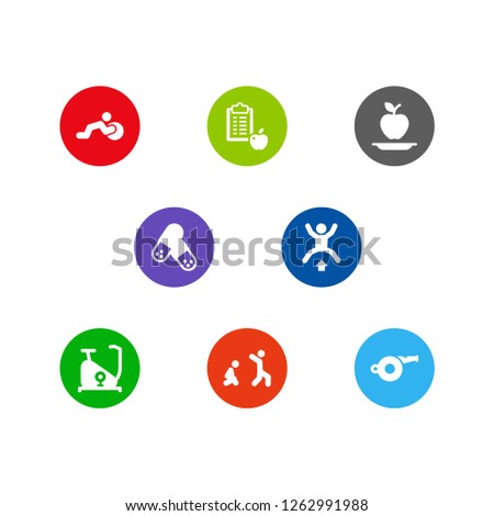 Set of 8 training icons set. Collection of exercise bike, burpees, activity and other elements.