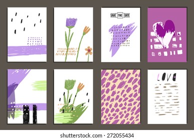 Set of 8  trendy invite cards. Hand Drawn design. Wedding day, anniversary, birthday, Valentin's day, party invitations, invite or save the date. Vector