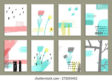 Set of 8  trendy invite cards. Hand Drawn design. Wedding day, anniversary, birthday, Valentin's day, party invitations, invite or save the date. Vector