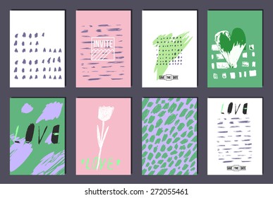 Set of 8  trendy invite cards. Hand Drawn design. Wedding day, anniversary, birthday, Valentin's day, party invitations, invite or save the date. Vector