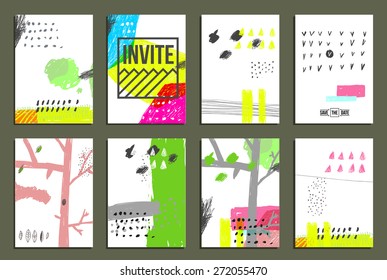Set of 8  trendy invite cards. Hand Drawn design. Wedding day, anniversary, birthday, Valentin's day, party invitations, invite or save the date. Vector