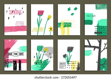 Set of 8  trendy invite cards. Hand Drawn design. Wedding day, anniversary, birthday, Valentin's day, party invitations, invite or save the date. Vector