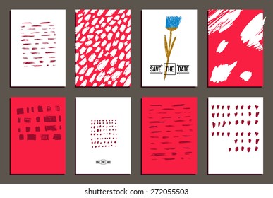 Set of 8  trendy invite cards. Hand Drawn design. Wedding day, anniversary, birthday, Valentin's day, party invitations, invite or save the date. Vector