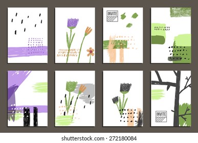 Set of 8  trendy invite cards. Hand Drawn design. Wedding day, anniversary, birthday, Valentin's day, party invitations, invite or save the date. Vector