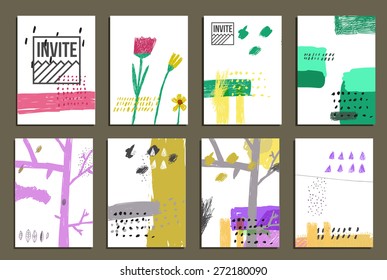 Set of 8  trendy invite cards. Hand Drawn design. Wedding day, anniversary, birthday, Valentin's day, party invitations, invite or save the date. Vector