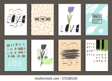 Set of 8  trendy invite cards. Hand Drawn design. Wedding day, anniversary, birthday, Valentin's day, party invitations, invite or save the date. Vector
