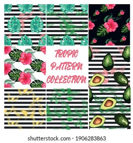 Set of 8 Tropical flower seamless pattern. Blossom flowers with trendy tropical leaves and avocado