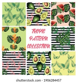 Set of 8 Tropical flower seamless pattern. Blossom flowers with trendy tropical leaves and avocado