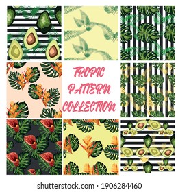 Conjunto de 8 Flores tropicales sin soldadura. Flores florecientes con hojas tropicales de moda y aguacate