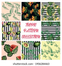 Set of 8 Tropical flower seamless pattern. Blossom flowers with trendy tropical leaves and avocado