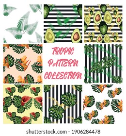 Set of 8 Tropical flower seamless pattern. Blossom flowers with trendy tropical leaves and avocado