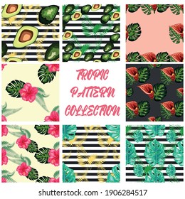 Set of 8 Tropical flower seamless pattern. Blossom flowers with trendy tropical leaves and avocado
