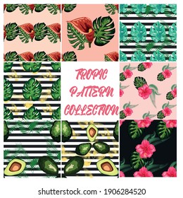 Set of 8 Tropical flower seamless pattern. Blossom flowers with trendy tropical leaves and avocado