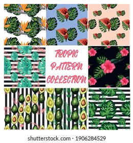 Set of 8 Tropical flower seamless pattern. Blossom flowers with trendy tropical leaves and avocado