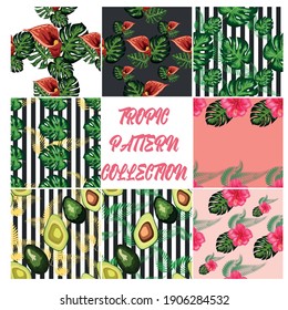 Set of 8 Tropical flower seamless pattern. Blossom flowers with trendy tropical leaves and avocado
