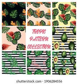 Set of 8 Tropical flower seamless pattern. Blossom flowers with trendy tropical leaves and avocado