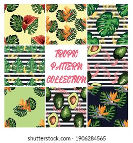 Set of 8 Tropical flower seamless pattern. Blossom flowers with trendy tropical leaves and avocado