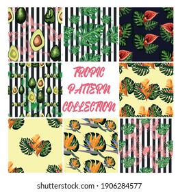 Set of 8 Tropical flower seamless pattern. Blossom flowers with trendy tropical leaves and avocado