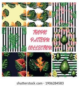 Set aus 8 tropischen Blumen nahtloses Muster. Blumen mit trendigen tropischen Blättern und Avocado
