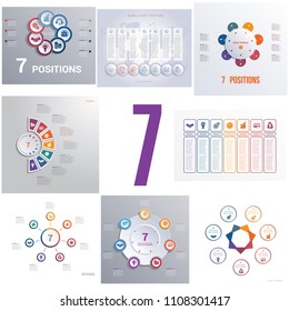 Set 8 universal templates elements Infographics conceptual cyclic processes for seven positions possible to use for workflow, banner, diagram, web design, timeline, area chart,number options