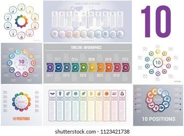 Set 8 universal templates elements Infographics conceptual cyclic processes for 10 positions possible to use for workflow, banner, diagram, web design, timeline, area chart,number options